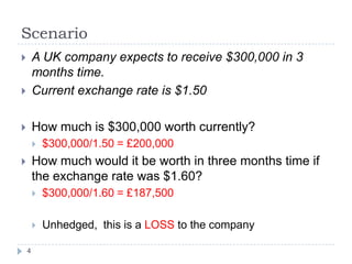Scenario
       A UK company expects to receive $300,000 in 3
        months time.
       Current exchange rate is $1.50

       How much is $300,000 worth currently?
           $300,000/1.50 = £200,000
       How much would it be worth in three months time if
        the exchange rate was $1.60?
           $300,000/1.60 = £187,500

           Unhedged, this is a LOSS to the company

    4
 