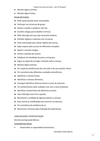 Projeto Curricular de Grupo – Sala “O Pinóquio”
   Nomear alguns animais;
   Nomear alguns frutos;
Grupo dos 4 anos:
   Pedir ajuda quando sente necessidade;
   Participar nas conversas de grupo;
   Aceitar o adulto e colaborar com ele;
   Escolher amigos para trabalhar e brincar;
   Pedir desculpa sem que seja necessário lembrar;
   Partilhar objetos e materiais com os outros;
   Pedir autorização para utilizar objetos dos outros;
   Saber esperar pela sua vez em diferentes situações;
   Ajudar a consolar amigos;
   Aceitar a opinião dos outros;
   Colaborar em atividades de pares e em grupo;
   Seguir as regras de um jogo, imitando outras crianças;
   Nomear alguns animais;
   Ter noção da existência do dia e da noite e do seu carácter cíclico;
   Ter consciência das diferentes condições atmosféricas;
   Identificar e nomear frutos;
   Identificar e nomear alimentos;
   Conseguir identificar diversos cheiros e cores da natureza;
   Ter conhecimento sobre cuidados a ter com o meio ambiente;
   Identificar características de diferentes animais;
   Fazer distinção entre frio e quente;
   Reconhecer a utilidade de algumas plantas e animais;
   Estar atenta às modificações que ocorrem na natureza;
   Ter consciência da existência do ar;
   Demonstrar interesse pela realização de experiências;


COMUNICAÇÃO E REPRESENTAÇÃO
Domínio da Expressão Motora
Competências Gerais:
      Desenvolver as capacidades locomotoras;

                                                     Educadora Yalitza Barros
                                                                                23
 