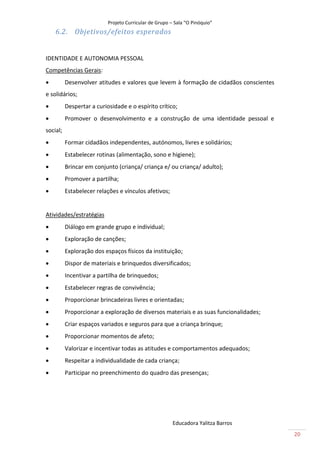 Projeto Curricular de Grupo – Sala “O Pinóquio”
    6.2. Objetivos/efeitos esperados


IDENTIDADE E AUTONOMIA PESSOAL
Competências Gerais:
         Desenvolver atitudes e valores que levem à formação de cidadãos conscientes
e solidários;
         Despertar a curiosidade e o espírito crítico;
         Promover o desenvolvimento e a construção de uma identidade pessoal e
social;
         Formar cidadãos independentes, autónomos, livres e solidários;
         Estabelecer rotinas (alimentação, sono e higiene);
         Brincar em conjunto (criança/ criança e/ ou criança/ adulto);
         Promover a partilha;
         Estabelecer relações e vínculos afetivos;


Atividades/estratégias
         Diálogo em grande grupo e individual;
         Exploração de canções;
         Exploração dos espaços físicos da instituição;
         Dispor de materiais e brinquedos diversificados;
         Incentivar a partilha de brinquedos;
         Estabelecer regras de convivência;
         Proporcionar brincadeiras livres e orientadas;
         Proporcionar a exploração de diversos materiais e as suas funcionalidades;
         Criar espaços variados e seguros para que a criança brinque;
         Proporcionar momentos de afeto;
         Valorizar e incentivar todas as atitudes e comportamentos adequados;
         Respeitar a individualidade de cada criança;
         Participar no preenchimento do quadro das presenças;




                                                        Educadora Yalitza Barros
                                                                                        20
 