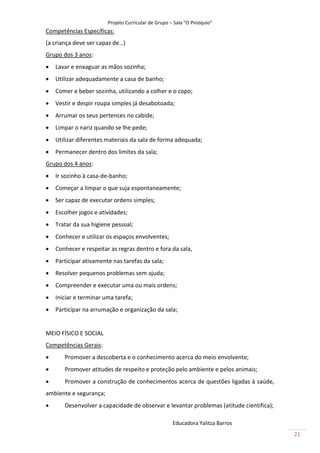 Projeto Curricular de Grupo – Sala “O Pinóquio”
Competências Específicas:
(a criança deve ser capaz de…)
Grupo dos 3 anos:
   Lavar e enxaguar as mãos sozinha;
   Utilizar adequadamente a casa de banho;
   Comer e beber sozinha, utilizando a colher e o copo;
   Vestir e despir roupa simples já desabotoada;
   Arrumar os seus pertences no cabide;
   Limpar o nariz quando se lhe pede;
   Utilizar diferentes materiais da sala de forma adequada;
   Permanecer dentro dos limites da sala;
Grupo dos 4 anos:
   Ir sozinho à casa-de-banho;
   Começar a limpar o que suja espontaneamente;
   Ser capaz de executar ordens simples;
   Escolher jogos e atividades;
   Tratar da sua higiene pessoal;
   Conhecer e utilizar os espaços envolventes;
   Conhecer e respeitar as regras dentro e fora da sala,
   Participar ativamente nas tarefas da sala;
   Resolver pequenos problemas sem ajuda;
   Compreender e executar uma ou mais ordens;
   Iniciar e terminar uma tarefa;
   Participar na arrumação e organização da sala;


MEIO FÍSICO E SOCIAL
Competências Gerais:
      Promover a descoberta e o conhecimento acerca do meio envolvente;
      Promover atitudes de respeito e proteção pelo ambiente e pelos animais;
      Promover a construção de conhecimentos acerca de questões ligadas à saúde,
ambiente e segurança;
      Desenvolver a capacidade de observar e levantar problemas (atitude cientifica);

                                                     Educadora Yalitza Barros
                                                                                         21
 
