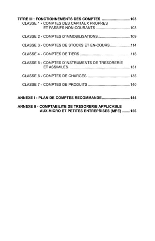 TITRE III : FONCTIONNEMENTS DES COMPTES ............................103
   CLASSE 1 - COMPTES DES CAPITAUX PROPRES
               ET PASSIFS NON-COURANTS ..................................103

  CLASSE 2 - COMPTES D'IMMOBILISATIONS................................109

  CLASSE 3 - COMPTES DE STOCKS ET EN-COURS ....................114

  CLASSE 4 - COMPTES DE TIERS ..................................................118

  CLASSE 5 - COMPTES D'INSTRUMENTS DE TRESORERIE
             ET ASSIMILES ............................................................131

  CLASSE 6 - COMPTES DE CHARGES ..........................................135

  CLASSE 7 - COMPTES DE PRODUITS ..........................................140


ANNEXE I - PLAN DE COMPTES RECOMMANDE............................144

ANNEXE II - COMPTABILITE DE TRESORERIE APPLICABLE
            AUX MICRO ET PETITES ENTREPRISES (MPE) ........156
 