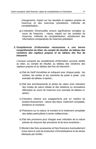 Cadre conceptuel, états financiers, règles de comptabilisation et d’évaluation   71



             changements, impact sur les résultats et capitaux propres de
             l'exercice et des exercices précédents, méthode de
             comptabilisation ;

          g) L'indication d'éventuelles erreurs significatives corrigées au
             cours de l'exercice : nature, impact sur les comptes de
             l'exercice, méthode de comptabilisation, retraitement des
             informations comparatives de l'exercice précédent.


   2. Compléments d'information nécessaires à une bonne
      compréhension du bilan, du compte de résultat, du tableau des
      variations des capitaux propres et du tableau des flux de
      trésorerie

       L'annexe comporte les compléments d'information suivants relatifs
       au bilan, au compte de résultat, au tableau des variations des
       capitaux propres et au tableau des flux de trésorerie :

          a) Etat de l'actif immobilisé en indiquant pour chaque poste : les
             entrées, les sorties et les virements de poste à poste (voir
             exemple de tableau ci-après) ;

          b) Etat des amortissements et pertes de valeur avec indication
             des modes de calcul utilisés et des dotations ou annulations
             effectuées au cours de l'exercice (voir exemple de tableau ci-
             après) ;

          c) Indication relative aux engagements pris en matière de
             location-financement : nature des biens, traitement comptable,
             échéance et montants ;

          d) Précisions sur la nature, le montant et le traitement comptable
             des dettes particulières à durée indéterminée ;

          e) Etat des provisions pour charges avec indication de la nature
             précise de chacune des provisions et de leurs évolutions ;

          f) Montant des frais accessoires et frais financiers éventuellement
             inclus dans le coût de production d'immobilisations et de stocks
             fabriqués par l'entité ;
 