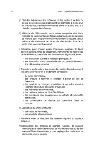 72                                              Plan Comptable Général 2005



     g) Etat des échéances des créances et des dettes à la date de
        clôture des comptes (en distinguant les éléments à moins d'un
        an d'échéance, à échéance comprise entre un et cinq ans, et à
        plus de cinq ans d'échéance) ;

     h) Méthode de détermination de la valeur comptable des titres,
        méthode de traitement des effets des changements de la valeur
        de marché pour les placements comptabilisés à la juste valeur,
        méthode de traitement de l'écart de réévaluation lors de la
        vente d'un placement réévalué ;

     i) Indication, pour chaque poste d'éléments fongibles de l'actif
        courant (stocks, titres de placement, instruments de trésorerie),
        de la différence, lorsqu'elle est d'un montant significatif, entre :
         - leur évaluation suivant la méthode pratiquée, et
         - leur évaluation sur la base du dernier prix de marché connu
           à la clôture des comptes ;

     j) Précisions sur la nature, le montant, l'évolution, l'amortissement,
        les pertes de valeur et le traitement comptable :
         - du fonds commercial,
         - des produits à recevoir et charges à payer au titre de
           l'exercice,
         - des produits et charges imputables à un autre exercice
           (charges et produits constatés d'avance),
         - des éléments extraordinaires,
         - des dettes et créances d'impôts différés,
         - des provisions pour engagements de retraite et indemnités
           assimilées,
         - des quotes-parts de résultat sur opérations faites en
           commun ;

     k) Ventilation du chiffre d'affaires :
         - par secteurs d'activités,
         - par marchés géographiques ;

     l) Nature et objet de chacune des réserves figurant en capitaux
        propres ;

     m) Description des produits et charges résultant de l'activité
        ordinaire mais nécessitant du fait de leur importance ou de leur
        nature d'être mis en évidence pour expliquer les performances
        de l'entité pour la période
 