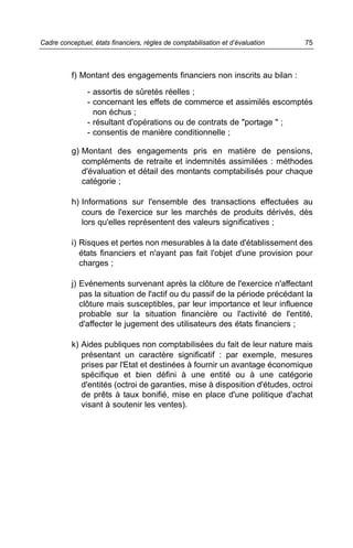 Cadre conceptuel, états financiers, règles de comptabilisation et d’évaluation   75



          f) Montant des engagements financiers non inscrits au bilan :

                - assortis de sûretés réelles ;
                - concernant les effets de commerce et assimilés escomptés
                  non échus ;
                - résultant d'opérations ou de contrats de "portage " ;
                - consentis de manière conditionnelle ;

          g) Montant des engagements pris en matière de pensions,
             compléments de retraite et indemnités assimilées : méthodes
             d'évaluation et détail des montants comptabilisés pour chaque
             catégorie ;

          h) Informations sur l'ensemble des transactions effectuées au
             cours de l'exercice sur les marchés de produits dérivés, dès
             lors qu'elles représentent des valeurs significatives ;

          i) Risques et pertes non mesurables à la date d'établissement des
             états financiers et n'ayant pas fait l'objet d'une provision pour
             charges ;

          j) Evénements survenant après la clôture de l'exercice n'affectant
             pas la situation de l'actif ou du passif de la période précédant la
             clôture mais susceptibles, par leur importance et leur influence
             probable sur la situation financière ou l'activité de l'entité,
             d'affecter le jugement des utilisateurs des états financiers ;

          k) Aides publiques non comptabilisées du fait de leur nature mais
             présentant un caractère significatif : par exemple, mesures
             prises par l'Etat et destinées à fournir un avantage économique
             spécifique et bien défini à une entité ou à une catégorie
             d'entités (octroi de garanties, mise à disposition d'études, octroi
             de prêts à taux bonifié, mise en place d'une politique d'achat
             visant à soutenir les ventes).
 