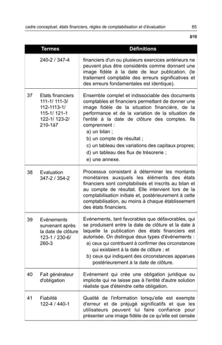 cadre conceptuel, états financiers, règles de comptabilisation et d’évaluation       85

                                                                                    8/16

        Termes                                            Définitions

        240-2 / 347-4           financiers d'un ou plusieurs exercices antérieurs ne
                                peuvent plus être considérés comme donnant une
                                image fidèle à la date de leur publication. (le
                                traitement comptable des erreurs significatives et
                                des erreurs fondamentales est identique).

37      Etats financiers        Ensemble complet et indissociable des documents
        111-1/ 111-3/           comptables et financiers permettant de donner une
        112-1113-1/             image fidèle de la situation financière, de la
        115-1/ 121-1            performance et de la variation de la situation de
        122-1/ 123-2/           l'entité à la date de clôture des comptes. Ils
        210-1à7                 comprennent :
                                  a) un bilan ;
                                  b) un compte de résultat ;
                                  c) un tableau des variations des capitaux propres;
                                  d) un tableau des flux de trésorerie ;
                                  e) une annexe.

38      Evaluation              Processus consistant à déterminer les montants
        347-2 / 354-2           monétaires auxquels les éléments des états
                                financiers sont comptabilisés et inscrits au bilan et
                                au compte de résultat. Elle intervient lors de la
                                comptabilisation initiale et, postérieurement à cette
                                comptabilisation, au moins à chaque établissement
                                des états financiers.

39      Evénements              Evénements, tant favorables que défavorables, qui
        survenant après         se produisent entre la date de clôture et la date à
        la date de clôture      laquelle la publication des états financiers est
        123-1 / 230-6/          autorisée. On distingue deux types d'événements :
        260-3                     a) ceux qui contribuent à confirmer des circonstances
                                     qui existaient à la date de clôture ; et
                                  b) ceux qui indiquent des circonstances apparues
                                     postérieurement à la date de clôture.

40      Fait générateur         Evénement qui crée une obligation juridique ou
        d'obligation            implicite qui ne laisse pas à l'entité d'autre solution
                                réaliste que d'éteindre cette obligation.

41      Fiabilité               Qualité de l'information lorsqu'elle est exempte
        122-4 / 440-1           d'erreur et de préjugé significatifs et que les
                                utilisateurs peuvent lui faire confiance pour
                                présenter une image fidèle de ce qu'elle est censée
 