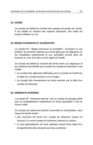 53. CAISSE
Ce compte est débité du montant des espèces encaissés par l'entité.
Il est crédité du montant des espèces décaissés. Son solde est
toujours débiteur ou nul.
54. REGIES D'AVANCES ET ACCREDITIFS
Le compte 54 " Régies d'avances et accréditifs " enregistre, le cas
échéant, les écritures relatives aux fonds gérés par les régisseurs ou
les comptables subordonnés et aux accréditifs ouverts dans les
banques au nom d'un tiers ou d'un agent de l'entité.
Ce compte est débité du montant des fonds remis aux régisseurs et
aux titulaires d'accréditifs par le crédit d'un compte de trésorerie. Il est
crédité :
• du montant des dépenses effectuées pour le compte de l'entité par
le débit d'un compte de tiers ou de charges ;
• du montant des reversements de fonds avancés, par le débit d'un
compte de trésorerie.
58. VIREMENTS INTERNES
Le compte 58 " Virements internes " est un compte de passage utilisé
pour la comptabilisation d'opérations au terme desquelles il doit se
trouver soldé.
Ce compte est notamment destiné à permettre la centralisation, sans
risque de double emploi :
• des virements de fonds d'un compte de trésorerie (caisse ou
banque) à un autre compte de trésorerie (banque ou caisse) ;
• et, plus généralement, de toute opération devant faire l'objet d'un
enregistrement dans plusieurs journaux auxiliaires.
133Organisation de la comptabilité, nomenclature et fonctionnement des comptes
 