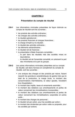 CHAPITRE 3
Présentation du compte de résultat
230-1 Les informations minimales présentées de façon distincte au
compte de résultat sont les suivantes :
• les produits des activités ordinaires ;
• les charges des activités ordinaires ;
• le résultat opérationnel ;
• les produits financiers et charges financières ;
• la charge d'impôt sur le résultat ;
• le résultat des activités ordinaires ;
• les éléments extraordinaires ;
• le résultat net de l'exercice ;
• la présentation d'états financiers consolidés :
. la part dans les résultats nets des sociétés mises en
équivalence,
. le résultat net de l'ensemble consolidé, en précisant la part
des minoritaires et la part du groupe.
230-2 Les autres informations minimales présentées soit au compte
de résultat, soit dans l'annexe en complément du compte de
résultat, sont les suivantes :
• une analyse des charges et des produits par nature, faisant
ressortir les grandeurs caractéristiques de gestion tels que le
total de la production, la marge brute, le montant des
consommations intermédiaires, la valeur ajoutée, l'excédent
brut d'exploitation ;
• le montant des impôts, taxes et versements assimilés ;
• le montant des dotations aux amortissements et pertes de
valeur concernant les immobilisations incorporelles ;
• le montant des dotations aux amortissements et pertes de
valeur concernant les immobilisations corporelles et autres
actifs ;
• le montant des charges de personnel ;
• le résultat net par action, pour les sociétés par action ;
• le montant des dividendes par action votés ou proposés, pour
les sociétés par actions.
19Cadre conceptuel, états financiers, règles de comptabilisation et d’évaluation
 