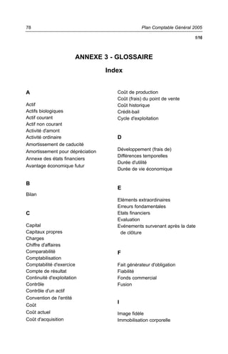 A
Actif
Actifs biologiques
Actif courant
Actif non courant
Activité d'amont
Activité ordinaire
Amortissement de caducité
Amortissement pour dépréciation
Annexe des états financiers
Avantage économique futur
B
Bilan
C
Capital
Capitaux propres
Charges
Chiffre d'affaires
Comparabilité
Comptabilisation
Comptabilité d'exercice
Compte de résultat
Continuité d'exploitation
Contrôle
Contrôle d'un actif
Convention de l'entité
Coût
Coût actuel
Coût d'acquisition
Coût de production
Coût (frais) du point de vente
Coût historique
Crédit-bail
Cycle d'exploitation
D
Développement (frais de)
Différences temporelles
Durée d'utilité
Durée de vie économique
E
Eléments extraordinaires
Erreurs fondamentales
Etats financiers
Evaluation
Evénements survenant après la date
de clôture
F
Fait générateur d'obligation
Fiabilité
Fonds commercial
Fusion
I
Image fidèle
Immobilisation corporelle
Plan Comptable Général 200578
ANNEXE 3 - GLOSSAIRE
Index
1/16
 