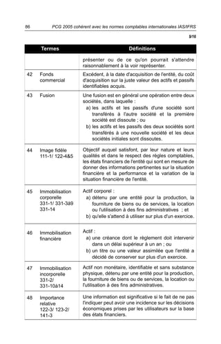PCG 2005 cohérent avec les normes comptables internationales IAS/IFRS86
42 Fonds
commercial
43 Fusion
44 Image fidèle
111-1/ 122-4&5
45 Immobilisation
corporelle
331-1/ 331-3à9
331-14
46 Immobilisation
financière
47 Immobilisation
incorporelle
331-2/
331-10à14
48 Importance
relative
122-3/ 123-2/
141-3
présenter ou de ce qu'on pourrait s'attendre
raisonnablement à la voir représenter.
Excédent, à la date d'acquisition de l'entité, du coût
d'acquisition sur la juste valeur des actifs et passifs
identifiables acquis.
Une fusion est en général une opération entre deux
sociétés, dans laquelle :
a) les actifs et les passifs d'une société sont
transférés à l'autre société et la première
société est dissoute ; ou
b) les actifs et les passifs des deux sociétés sont
transférés à une nouvelle société et les deux
sociétés initiales sont dissoutes.
Objectif auquel satisfont, par leur nature et leurs
qualités et dans le respect des règles comptables,
les états financiers de l'entité qui sont en mesure de
donner des informations pertinentes sur la situation
financière et la performance et la variation de la
situation financière de l'entité.
Actif corporel :
a) détenu par une entité pour la production, la
fourniture de biens ou de services, la location
ou l'utilisation à des fins administratives ; et
b) qu'elle s'attend à utiliser sur plus d'un exercice.
Actif :
a) une créance dont le règlement doit intervenir
dans un délai supérieur à un an ; ou
b) un titre ou une valeur assimilée que l'entité a
décidé de conserver sur plus d'un exercice.
Actif non monétaire, identifiable et sans substance
physique, détenu par une entité pour la production,
la fourniture de biens ou de services, la location ou
l'utilisation à des fins administratives.
Une information est significative si le fait de ne pas
l'indiquer peut avoir une incidence sur les décisions
économiques prises par les utilisateurs sur la base
des états financiers.
Termes Définitions
9/16
 