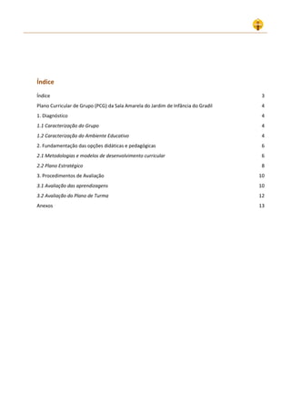 Índice
Índice 3
Plano Curricular de Grupo (PCG) da Sala Amarela do Jardim de Infância do Gradil 4
1. Diagnóstico 4
1.1 Caracterização do Grupo 4
1.2 Caracterização do Ambiente Educativo 4
2. Fundamentação das opções didáticas e pedagógicas 6
2.1 Metodologias e modelos de desenvolvimento curricular 6
2.2 Plano Estratégico 8
3. Procedimentos de Avaliação 10
3.1 Avaliação das aprendizagens 10
3.2 Avaliação do Plano de Turma 12
Anexos 13
 