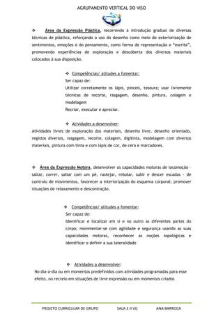 AGRUPAMENTO VERTICAL DO VISO



      Área da Expressão Plástica, recorrendo à introdução gradual de diversas
técnicas de plástica, reforçando o uso do desenho como meio de exteriorização de
sentimentos, emoções e do pensamento, como forma de representação e “escrita”,
promovendo experiências de exploração e descoberta dos diversos materiais
colocados á sua disposição.


                  Competências/ atitudes a fomentar:
                 Ser capaz de:
                 Utilizar corretamente os lápis, pinceis, tesoura; usar livremente
                 técnicas de recorte, rasgagem, desenho, pintura, colagem e
                 modelagem
                 Recriar, executar e apreciar.


                  Atividades a desenvolver:
Atividades livres de exploração dos materiais, desenho livre, desenho orientado,
registos diversos, rasgagem, recorte, colagem, digitinta, modelagem com diversos
materiais, pintura com tinta e com lápis de cor, de cera e marcadores.




   Área da Expressão Motora, desenvolver as capacidades motoras de locomoção –
saltar, correr, saltar com um pé, rastejar, rebolar, subir e descer escadas - de
controlo de movimentos, favorecer a interiorização do esquema corporal; promover
situações de relaxamento e descontração.



                     Competências/ atitudes a fomentar:
                  Ser capaz de:
                  Identificar e localizar em si e no outro as diferentes partes do
                  corpo; movimentar-se com agilidade e segurança usando as suas
                  capacidades     motoras,   reconhecer       as   noções   topológicas   e
                  identificar e definir a sua lateralidade




                      Atividades a desenvolver:
 No dia-a-dia ou em momentos predefinidos com atividades programadas para esse
 efeito, no recreio em situações de livre expressão ou em momentos criados




     PROJETO CURRICULAR DE GRUPO               SALA 3 JI VG            ANA BARROCA
 