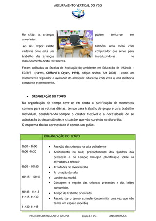 AGRUPAMENTO VERTICAL DO VISO




No chão, as crianças                                     podem      sentar-se     em
almofadas.

Ao seu dispor existe                                     também    uma     mesa   com
cadeiras onde está um                                    computador que serve para
trabalho das crianças                                    introduzindo-as           no
manuseamento desta ferramenta.

Foram aplicadas as Escalas de Avaliação do Ambiente em Educação de Infância -
ECER’S    (Harms, Clifford & Cryer, 1998), edição revista( Set 2008)       - como um
instrumento regulador e avaliador do ambiente educativo com vista a uma melhoria
constante e permanente.



         ORGANIZAÇÃO DO TEMPO

Na organização do tempo teve-se em conta a panificação de momentos
comuns para as rotinas diárias, tempo para trabalho de grupo e para trabalho
individual, considerando sempre o carater flexível e a necessidade de se
adaptação às circunstâncias e situações que vão surgindo no dia-a-dia.
O esquema abaixo apresentado é apenas um guião.


                 ORGANIZAÇÃO DO TEMPO


8h30 – 9h00            Receção das crianças na sala polivalente
9h00 -9h30             Acolhimento na sala; preenchimento dos Quadros das
                       presenças e do Tempo; Dialogo/ planificação sobre as
                       atividades a realizar
9h30 – 10h15           Atividades de livre escolha
                       Arrumação da sala
10h15 – 10h45          Lanche da manhã
                       Contagem e registo das crianças presentes e dos leites
                       consumidos
10h45- 11h15           Tempo de trabalho orientado
11h15-11h30
                       Recreio (se o tempo atmosférico permitir uma vez que não
                       temos um espaço coberto)
11h30-11h45


     PROJETO CURRICULAR DE GRUPO               SALA 3 JI VG        ANA BARROCA
 