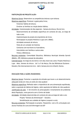 AGRUPAMENTO VERTICAL DO VISO




PARTICIPAÇÃO NO PROJETO ALER+

Objetivos Gerais: Desenvolver as competências leitoras e pre-leitoras
Objetivos específicos: Promover o gosto pelos livros;
       Fomentar hábitos de leitura;
       Envolver as famílias na criação destes hábitos.
Atividades: Comemorações de dias especiais - Semana da leitura; Dia do livro
       Desenvolvimento de atividades específicas em contexto de sala, ao longo de
       todo o ano;
       Implementação do projeto de empréstimo de livros;
       Participação no projeto Histórias à Lupa com a BMAG;
       Atividades semanais de leitura;
       Visita de um contador de histórias
       Contactos com escritores ou ilustradores;
       Intercâmbio com famílias e outras salas
       Visitas a Bibliotecas.
Recursos existentes: Comunidade Educativa; Biblioteca Municipal Almeida Garrett
(BMAG); JFR; biblioteca pessoal da educadora
Calendarização: Ao longo do ano letivo e em dias chave tais como: Projeto Histórias à
Lupa – Maio, Semana da leitura – de 5 a 9 de Março; Dia das Bibliotecas Escolares –
Outubro; Dia Internacional do Livro - Abril; Semana do Livro Infantil; Outros.




EDUCAÇÃO PARA A SAÚDE (PASSEZINHO)


Objetivos Gerais: Fomentar a aquisição de atitudes que levam a um desenvolvimento
adequado tendo em vista um estilo de vida saudável
Objetivos específicos: Reflexão sobre a importância de uma alimentação equilibrada,
sobre a aquisição de hábitos de higiene, sobre aquisição de hábitos de vida saudáveis
Justificação da acão – Ir de encontro às preocupações e levantamento de problemas
desta População, numa parceria com o Centro de Saúde
Atividades: Atividades desenvolvidas em contexto de sala ao longo de todo o ano
            Projeto “Semana da Alimentação” - Outubro;
            Sensibilização aos cuidados de higiene (corporal e oral).
Recursos existentes: Participação no projeto «Passezinho» com o CS; articulação com
alunas finalistas do curso de Enfermagem da UCP



     PROJETO CURRICULAR DE GRUPO               SALA 3 JI VG         ANA BARROCA
 
