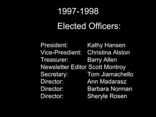1998-1999
     Elected Officers:

President:       Kathy Hansen
Vice-Presdient: Christina Alston
Treasurer:       Barry Al...