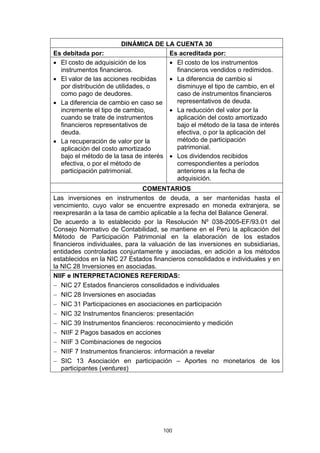 DINÁMICA DE LA CUENTA 30
Es debitada por:                       Es acreditada por:
• El costo de adquisición de los       • El costo de los instrumentos
  instrumentos financieros.              financieros vendidos o redimidos.
• El valor de las acciones recibidas   • La diferencia de cambio si
  por distribución de utilidades, o      disminuye el tipo de cambio, en el
  como pago de deudores.                 caso de instrumentos financieros
• La diferencia de cambio en caso se     representativos de deuda.
  incremente el tipo de cambio,        • La reducción del valor por la
  cuando se trate de instrumentos        aplicación del costo amortizado
  financieros representativos de         bajo el método de la tasa de interés
  deuda.                                 efectiva, o por la aplicación del
• La recuperación de valor por la        método de participación
  aplicación del costo amortizado        patrimonial.
  bajo el método de la tasa de interés • Los dividendos recibidos
  efectiva, o por el método de           correspondientes a períodos
  participación patrimonial.             anteriores a la fecha de
                                         adquisición.
                                COMENTARIOS
Las inversiones en instrumentos de deuda, a ser mantenidas hasta el
vencimiento, cuyo valor se encuentre expresado en moneda extranjera, se
reexpresarán a la tasa de cambio aplicable a la fecha del Balance General.
De acuerdo a lo establecido por la Resolución Nº 038-2005-EF/93.01 del
Consejo Normativo de Contabilidad, se mantiene en el Perú la aplicación del
Método de Participación Patrimonial en la elaboración de los estados
financieros individuales, para la valuación de las inversiones en subsidiarias,
entidades controladas conjuntamente y asociadas, en adición a los métodos
establecidos en la NIC 27 Estados financieros consolidados e individuales y en
la NIC 28 Inversiones en asociadas.
NIIF e INTERPRETACIONES REFERIDAS:
− NIC 27 Estados financieros consolidados e individuales
− NIC 28 Inversiones en asociadas
− NIC 31 Participaciones en asociaciones en participación
− NIC 32 Instrumentos financieros: presentación
− NIC 39 Instrumentos financieros: reconocimiento y medición
− NIIF 2 Pagos basados en acciones
− NIIF 3 Combinaciones de negocios
− NIIF 7 Instrumentos financieros: información a revelar
− SIC 13 Asociación en participación – Aportes no monetarios de los
   participantes (ventures)




                                      100
 