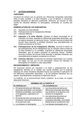 37    ACTIVOS DIFERIDOS
CONTENIDO
Incorpora los activos que se generan por diferencias temporales deducibles
entre la base contable y la base tributaria, y por el derecho a compensar
pérdidas tributarias en ejercicios posteriores. Asimismo, se incluyen en esta
cuenta los intereses diferidos no devengados, contenidos en cuentas por
pagar.
NOMENCLATURA DE LAS SUBCUENTAS
371    Impuesto a la renta diferido
372    Participaciones de los trabajadores diferidas
373    Intereses diferidos
371   Impuesto a la renta diferido. Contiene el efecto acumulado en el
      impuesto a la renta, originado en diferencias temporales deducibles, que
      se espera recuperar en ejercicios futuros. También acumula el efecto del
      escudo fiscal asociado a pérdidas tributarias que razonablemente se
      espera compensar en el futuro.
372   Participaciones de los trabajadores diferidas. Acumula el efecto en
      las participaciones de los trabajadores que se calculan sobre la base de
      la renta tributaria (y no contable), originada en diferencias temporales
      deducibles, que se espera recuperar en ejercicios futuros. También
      acumula el efecto del escudo fiscal asociado a pérdidas tributarias que
      razonablemente se espera compensar en el futuro.
373   Intereses diferidos. Comprende los intereses relacionados con cuentas
      por pagar, los que aun no han devengado. Incluye los intereses no
      devengados en medición a valor descontado.
RECONOCIMIENTO Y MEDICIÓN
Se reconocen activos por impuesto a la renta y participaciones de los
trabajadores diferidos en la medida que resulte probable que la empresa
disponga de rentas tributarias (fiscales) futuras que permitan la aplicación de
las diferencias temporales deducibles, y de las pérdidas tributarias que se
espera, razonablemente, compensar en ejercicios futuros.
La medición, en el reconocimiento inicial y posterior, es al costo, sin ningún
descuento financiero.
                           DINÁMICA DE LA CUENTA 37
Es debitada por:                          Es acreditada por:
• El importe del activo por diferencias   • Las reducciones de activos por
  temporales deducibles o por pérdidas      diferencias temporales deducibles,
  tributarias arrastrables, o por cambios   que revirtieron en el ejercicio o por
  en la legislación, originadas en el       cambios en la legislación.
  ejercicio.                              • Las reducciones de activos por
• El importe del activo que surja de una    reversión de las diferencias
  transacción reconocida directamente       temporales deducibles, reconocidas
  en el patrimonio neto.                    directamente en el patrimonio neto.
• Los intereses no devengados             • Los intereses devengados por el



                                        115
 