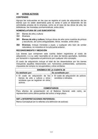 38    OTROS ACTIVOS
CONTENIDO
Agrupa las subcuentas en las que se registra el costo de adquisición de los
bienes que no están destinados para la venta ni para el desarrollo de las
actividades propias de la empresa, como es el caso de las obras de arte, las
bibliotecas, las monedas conmemorativas, entre otros.
NOMENCLATURA DE LAS SUBCUENTAS
381   Bienes de arte y cultura
382   Diversos
381   Bienes de arte y cultura. Incluye obras de arte como cuadros de pintura
      y esculturas, así como antigüedades, libros, revistas, entre otros.
382   Diversos. Incluye monedas y joyas, y cualquier otro bien de similar
      naturaleza, no incluidos en la subcuenta anterior.
RECONOCIMIENTO Y MEDICIÓN
Los bienes que componen esta cuenta deben registrarse al costo de
adquisición, o a su valor razonable en el caso de bienes aportados, recibidos
por donación o ingresados al patrimonio por cualquier otro concepto.
El costo de adquisición incluye el total de los desembolsos por los bienes
incluyendo aquellos relacionados con: honorarios profesionales, comisiones,
impuestos de compra no recuperables y otros similares.
                        DINÁMICA DE LA CUENTA 38
Es debitado por:                     Es acreditado por:
• El costo de adquisición de los • El costo de adquisición de activos
  bienes de arte y cultura y otros    vendidos o retirados.
  similares que se registran en otros
  activos.

                              COMENTARIOS
Para efectos de presentación en el Balance General, este rubro, se
representará como última partida del activo a largo plazo.

NIIF e INTERPRETACIONES REFERIDAS:
Marco Conceptual (en lo referido a la definición de activos)




                                       117
 