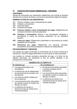 42    CUENTAS POR PAGAR COMERCIALES - TERCEROS
CONTENIDO
Agrupa las subcuentas que representan obligaciones que contrae la empresa
derivada de la compra de bienes y servicios en operaciones objeto del negocio.
NOMENCLATURA DE LAS SUBCUENTAS
421   Facturas, boletas y otros comprobantes por pagar
422   Anticipos a proveedores
423   Letras por pagar
424   Honorarios por pagar
421   Facturas, boletas y otros comprobantes por pagar. Obligaciones por
      concepto de bienes o servicios adquiridos.
422   Anticipos a proveedores. Efectivo o sus equivalentes, entregado a
      proveedores a cuenta de compras posteriores. Es de naturaleza
      deudora.
423   Letras por pagar. Obligaciones sustentadas en documentos de cambio
      aceptados por la empresa.
424   Honorarios por pagar. Obligaciones con personas naturales,
      proveedores de servicios prestados en relación de independencia.
RECONOCIMIENTO Y MEDICIÓN
Las cuentas por pagar comerciales se reconocerán por el monto nominal de la
transacción, menos los pagos efectuados, lo que es igual al costo amortizado.
Las cuentas en moneda extranjera pendientes de pago a la fecha de los
estados financieros, se expresarán al tipo de cambio aplicable a las
transacciones a dicha fecha.
                       DINÁMICA DE LA CUENTA 42
Es debitada por:                    Es acreditada por:
• Los pagos efectuados a los             • El importe de los bienes adquiridos
  proveedores.                             y servicios recibidos de los
• La disminución de las obligaciones       proveedores.
  por devoluciones de compras a los      • Los movimientos entre subcuentas,
  proveedores.                             por ejemplo cuando se canjean las
• Las notas de crédito emitidas por        facturas con letras.
  los proveedores.                       • La diferencia de cambio si se
• Los movimientos entre subcuentas,        incrementa el tipo de cambio de la
  por ejemplo cuando se canjean las        moneda extranjera.
  facturas por letras.
• La diferencia de cambio si
  disminuye el tipo de cambio de la
  moneda extranjera.




                                       126
 
