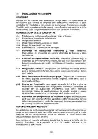 45    OBLIGACIONES FINANCIERAS
CONTENIDO
Agrupa las subcuentas que representan obligaciones por operaciones de
financiación que contrae la empresa con instituciones financieras y otras
entidades no vinculadas, y por emisión de instrumentos financieros de deuda.
También se incluyen las acumulaciones y costos financieros asociados a dicha
financiación y otras obligaciones relacionadas con derivados financieros.
NOMENCLATURA DE LAS SUBCUENTAS
451   Préstamos de instituciones financieras y otras entidades
452   Contratos de arrendamiento financiero
453   Obligaciones emitidas
454   Otros instrumentos financieros por pagar
455   Costos de financiación por pagar
456   Préstamos con compromisos de recompra
451   Préstamos de instituciones financieras y otras entidades.
      Operaciones de préstamos en general obtenidos de bancos y otras
      instituciones.
452   Contratos de arrendamiento financiero. Préstamos obtenidos bajo la
      modalidad de arrendamiento financiero, los que están relacionados con
      los activos adquiridos (Inversión inmobiliaria e Inmuebles, maquinaria y
      equipo).
453   Obligaciones emitidas. Obligaciones por concepto de deuda emitida
      para la consecución de fondos, tales como papeles comerciales y bonos
      corporativos.
454   Otros instrumentos financieros por pagar. Obligaciones por concepto
      de letras; papeles comerciales; bonos; pagarés, entre otros, que la
      empresa ha emitido.
455   Costos de financiación por pagar. Acumula todos los costos de
      financiación relacionados con obligaciones financieras contraídas de
      acuerdo con las subcuentas precedentes, tales como: intereses,
      comisiones, costos de reestructuración de deuda, legales y costos
      incrementales relacionados con la obligación financiera contraída.
456   Préstamos con compromisos de recompra. Registra las obligaciones
      contraídas con terceros referidas a préstamos obtenidos dando a cambio
      valores en garantía (con pacto de recompra), los que son readquiridos
      en plazos y condiciones predeterminados.
RECONOCIMIENTO Y MEDICIÓN
Los préstamos de instituciones financieras y otros instrumentos financieros por
pagar se reconocen al valor razonable, que es generalmente igual al costo.
Después de su reconocimiento inicial se medirán al costo amortizado,
utilizando la tasa de interés efectiva.
Las cuentas en moneda extranjera pendientes de pago a la fecha de los
estados financieros, se expresarán al tipo de cambio aplicable a las
transacciones a dicha fecha.


                                     132
 