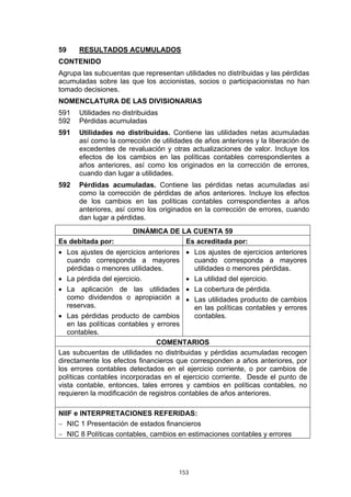 59    RESULTADOS ACUMULADOS
CONTENIDO
Agrupa las subcuentas que representan utilidades no distribuidas y las pérdidas
acumuladas sobre las que los accionistas, socios o participacionistas no han
tomado decisiones.
NOMENCLATURA DE LAS DIVISIONARIAS
591   Utilidades no distribuidas
592   Pérdidas acumuladas
591   Utilidades no distribuidas. Contiene las utilidades netas acumuladas
      así como la corrección de utilidades de años anteriores y la liberación de
      excedentes de revaluación y otras actualizaciones de valor. Incluye los
      efectos de los cambios en las políticas contables correspondientes a
      años anteriores, así como los originados en la corrección de errores,
      cuando dan lugar a utilidades.
592   Pérdidas acumuladas. Contiene las pérdidas netas acumuladas así
      como la corrección de pérdidas de años anteriores. Incluye los efectos
      de los cambios en las políticas contables correspondientes a años
      anteriores, así como los originados en la corrección de errores, cuando
      dan lugar a pérdidas.
                       DINÁMICA DE LA CUENTA 59
Es debitada por:                    Es acreditada por:
• Los ajustes de ejercicios anteriores • Los ajustes de ejercicios anteriores
   cuando corresponda a mayores             cuando corresponda a mayores
   pérdidas o menores utilidades.           utilidades o menores pérdidas.
• La pérdida del ejercicio.              • La utilidad del ejercicio.
• La aplicación de las utilidades • La cobertura de pérdida.
   como dividendos o apropiación a • Las utilidades producto de cambios
   reservas.                                en las políticas contables y errores
• Las pérdidas producto de cambios          contables.
   en las políticas contables y errores
   contables.
                                COMENTARIOS
Las subcuentas de utilidades no distribuidas y pérdidas acumuladas recogen
directamente los efectos financieros que corresponden a años anteriores, por
los errores contables detectados en el ejercicio corriente, o por cambios de
políticas contables incorporadas en el ejercicio corriente. Desde el punto de
vista contable, entonces, tales errores y cambios en políticas contables, no
requieren la modificación de registros contables de años anteriores.

NIIF e INTERPRETACIONES REFERIDAS:
− NIC 1 Presentación de estados financieros
− NIC 8 Políticas contables, cambios en estimaciones contables y errores




                                      153
 