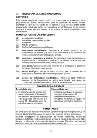 72    PRODUCCIÓN DE ACTIVO INMOVILIZADO
CONTENIDO
Esta cuenta registra el costo incurrido por la empresa en la construcción o
producción de activos inmovilizados para la obtención de rentas futuras,
aumentar el valor de su capital en el tiempo, o para su uso. Dicho costo,
previamente registrado según su naturaleza en el Elemento 6, se deberá
transferir a través de esta cuenta, a los rubros de activo inmovilizado que
corresponda.
NOMENCLATURA DE LAS SUBCUENTAS
721   Inversiones inmobiliarias
722   Inmuebles, maquinaria y equipo
723   Intangibles.
724   Activos biológicos
725   Costos de financiación capitalizados
721   Inversiones inmobiliarias. Comprende el costo incurrido en la
      construcción de bienes que van a ser destinados a la obtención de
      rentas, aumentar el valor del capital o ambas.
722   Inmuebles, maquinaria y equipo. Comprende el costo incurrido por la
      empresa en la construcción o fabricación de bienes para su uso, que
      forman parte de inmuebles, maquinaria y equipo.
723   Intangibles. Comprende el costo incurrido en la producción o desarrollo
      de bienes intangibles, para su uso.
724   Activo biológico. Incluye el costo incurrido por la entidad en la
      producción o desarrollo de activo biológico para su uso.

725   Costos de financiación capitalizados. Incluye el costo financiero
      incurrido en la financiación de activo inmovilizado, que reúne las
      condiciones para ser considerado como “activo calificado”.
                       DINÁMICA DE LA CUENTA 72
Es debitada por:                    Es acreditada por:
• El total al cierre del período con      • El costo incurrido por la empresa
  abono a la cuenta 81 Producción           con cargo a las cuentas 31
  del ejercicio, excepto la subcuenta       Inversiones inmobiliarias; 33
  725, cuyo saldo se transfiere a la        Inmuebles, maquinaria y equipo; 34
  cuenta 85 – Resultado antes de            Intangibles o 35 Activo biológico.
  participaciones e impuestos.

                               COMENTARIOS
La producción de activos inmovilizados constituye ingreso de explotación, y se
orienta a balancear las cargas en que se han incurrido para su generación.
Cuando corresponda la capitalización de costos financieros, según lo
establece la NIC 23, su transferencia se efectúa a través de la subcuenta 725,
la que no afecta la producción del ejercicio (cuenta 80), sino más bien el
resultado antes de participaciones e impuesto (cuenta 85)


                                        181
 