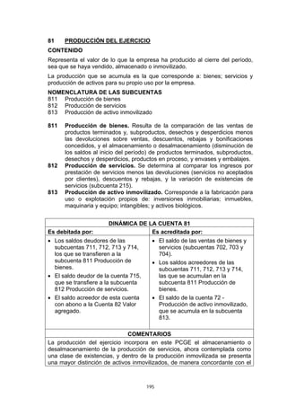 81    PRODUCCIÓN DEL EJERCICIO
CONTENIDO
Representa el valor de lo que la empresa ha producido al cierre del período,
sea que se haya vendido, almacenado o inmovilizado.
La producción que se acumula es la que corresponde a: bienes; servicios y
producción de activos para su propio uso por la empresa.
NOMENCLATURA DE LAS SUBCUENTAS
811 Producción de bienes
812 Producción de servicios
813 Producción de activo inmovilizado

811   Producción de bienes. Resulta de la comparación de las ventas de
      productos terminados y, subproductos, desechos y desperdicios menos
      las devoluciones sobre ventas, descuentos, rebajas y bonificaciones
      concedidos, y el almacenamiento o desalmacenamiento (disminución de
      los saldos al inicio del período) de productos terminados, subproductos,
      desechos y desperdicios, productos en proceso, y envases y embalajes.
812   Producción de servicios. Se determina al comparar los ingresos por
      prestación de servicios menos las devoluciones (servicios no aceptados
      por clientes), descuentos y rebajas, y la variación de existencias de
      servicios (subcuenta 215).
813   Producción de activo inmovilizado. Corresponde a la fabricación para
      uso o explotación propios de: inversiones inmobiliarias; inmuebles,
      maquinaria y equipo; intangibles; y activos biológicos.


                      DINÁMICA DE LA CUENTA 81
Es debitada por:                   Es acreditada por:
• Los saldos deudores de las            • El saldo de las ventas de bienes y
  subcuentas 711, 712, 713 y 714,         servicios (subcuentas 702, 703 y
  los que se transfieren a la             704).
  subcuenta 811 Producción de           • Los saldos acreedores de las
  bienes.                                 subcuentas 711, 712, 713 y 714,
• El saldo deudor de la cuenta 715,       las que se acumulan en la
  que se transfiere a la subcuenta        subcuenta 811 Producción de
  812 Producción de servicios.            bienes.
• El saldo acreedor de esta cuenta      • El saldo de la cuenta 72 -
  con abono a la Cuenta 82 Valor          Producción de activo inmovilizado,
  agregado.                               que se acumula en la subcuenta
                                          813.

                              COMENTARIOS
La producción del ejercicio incorpora en este PCGE el almacenamiento o
desalmacenamiento de la producción de servicios, ahora contemplada como
una clase de existencias, y dentro de la producción inmovilizada se presenta
una mayor distinción de activos inmovilizados, de manera concordante con el



                                      195
 