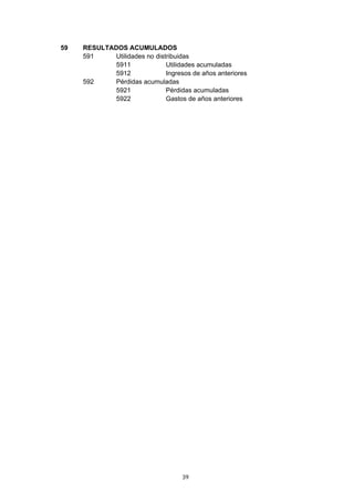 59   RESULTADOS ACUMULADOS
     591     Utilidades no distribuidas
             5911              Utilidades acumuladas
             5912              Ingresos de años anteriores
     592    Pérdidas acumuladas
             5921              Pérdidas acumuladas
             5922              Gastos de años anteriores




                                     39
 