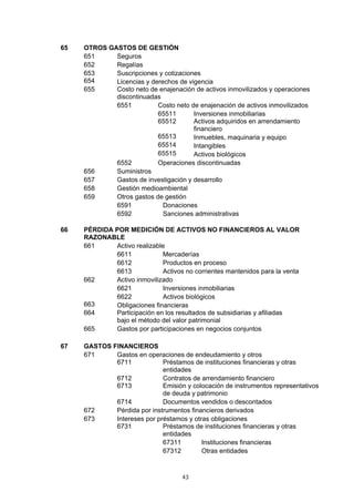 65   OTROS GASTOS DE GESTIÓN
     651     Seguros
     652     Regalías
     653     Suscripciones y cotizaciones
     654     Licencias y derechos de vigencia
     655     Costo neto de enajenación de activos inmovilizados y operaciones
             discontinuadas
             6551          Costo neto de enajenación de activos inmovilizados
                           65511       Inversiones inmobiliarias
                           65512       Activos adquiridos en arrendamiento
                                       financiero
                           65513       Inmuebles, maquinaria y equipo
                           65514       Intangibles
                           65515       Activos biológicos
             6552          Operaciones discontinuadas
     656     Suministros
     657     Gastos de investigación y desarrollo
     658     Gestión medioambiental
     659     Otros gastos de gestión
             6591            Donaciones
             6592            Sanciones administrativas

66   PÉRDIDA POR MEDICIÓN DE ACTIVOS NO FINANCIEROS AL VALOR
     RAZONABLE
     661     Activo realizable
             6611            Mercaderías
             6612            Productos en proceso
             6613            Activos no corrientes mantenidos para la venta
     662     Activo inmovilizado
             6621            Inversiones inmobiliarias
             6622            Activos biológicos
     663     Obligaciones financieras
     664     Participación en los resultados de subsidiarias y afiliadas
             bajo el método del valor patrimonial
     665     Gastos por participaciones en negocios conjuntos

67   GASTOS FINANCIEROS
     671     Gastos en operaciones de endeudamiento y otros
             6711            Préstamos de instituciones financieras y otras
                             entidades
             6712            Contratos de arrendamiento financiero
             6713            Emisión y colocación de instrumentos representativos
                             de deuda y patrimonio
             6714            Documentos vendidos o descontados
     672     Pérdida por instrumentos financieros derivados
     673     Intereses por préstamos y otras obligaciones
             6731            Préstamos de instituciones financieras y otras
                             entidades
                             67311        Instituciones financieras
                             67312        Otras entidades


                                    43
 