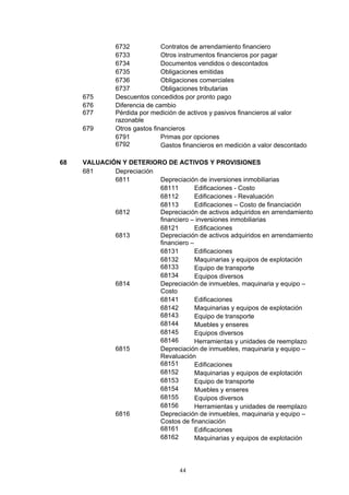 6732            Contratos de arrendamiento financiero
               6733            Otros instrumentos financieros por pagar
               6734            Documentos vendidos o descontados
               6735            Obligaciones emitidas
               6736            Obligaciones comerciales
               6737            Obligaciones tributarias
     675       Descuentos concedidos por pronto pago
     676       Diferencia de cambio
     677       Pérdida por medición de activos y pasivos financieros al valor
               razonable
     679       Otros gastos financieros
               6791            Primas por opciones
               6792            Gastos financieros en medición a valor descontado

68   VALUACIÓN Y DETERIORO DE ACTIVOS Y PROVISIONES
     681     Depreciación
             6811         Depreciación de inversiones inmobiliarias
                          68111        Edificaciones - Costo
                          68112        Edificaciones - Revaluación
                          68113        Edificaciones – Costo de financiación
             6812         Depreciación de activos adquiridos en arrendamiento
                          financiero – inversiones inmobiliarias
                          68121        Edificaciones
             6813         Depreciación de activos adquiridos en arrendamiento
                          financiero –
                          68131        Edificaciones
                          68132        Maquinarias y equipos de explotación
                          68133        Equipo de transporte
                          68134        Equipos diversos
             6814         Depreciación de inmuebles, maquinaria y equipo –
                          Costo
                          68141        Edificaciones
                          68142        Maquinarias y equipos de explotación
                          68143        Equipo de transporte
                          68144        Muebles y enseres
                          68145        Equipos diversos
                          68146        Herramientas y unidades de reemplazo
             6815         Depreciación de inmuebles, maquinaria y equipo –
                          Revaluación
                          68151        Edificaciones
                          68152        Maquinarias y equipos de explotación
                          68153        Equipo de transporte
                          68154        Muebles y enseres
                          68155        Equipos diversos
                          68156        Herramientas y unidades de reemplazo
             6816         Depreciación de inmuebles, maquinaria y equipo –
                          Costos de financiación
                          68161        Edificaciones
                          68162        Maquinarias y equipos de explotación




                                    44
 