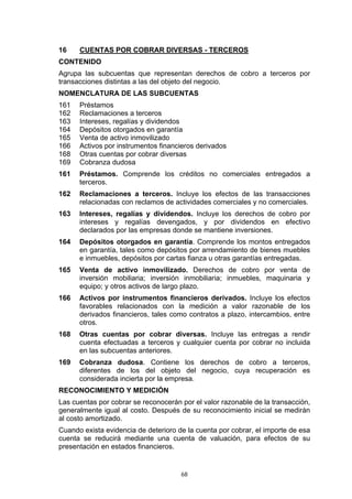 16    CUENTAS POR COBRAR DIVERSAS - TERCEROS
CONTENIDO
Agrupa las subcuentas que representan derechos de cobro a terceros por
transacciones distintas a las del objeto del negocio.
NOMENCLATURA DE LAS SUBCUENTAS
161   Préstamos
162   Reclamaciones a terceros
163   Intereses, regalías y dividendos
164   Depósitos otorgados en garantía
165   Venta de activo inmovilizado
166   Activos por instrumentos financieros derivados
168   Otras cuentas por cobrar diversas
169   Cobranza dudosa
161   Préstamos. Comprende los créditos no comerciales entregados a
      terceros.
162   Reclamaciones a terceros. Incluye los efectos de las transacciones
      relacionadas con reclamos de actividades comerciales y no comerciales.
163   Intereses, regalías y dividendos. Incluye los derechos de cobro por
      intereses y regalías devengados, y por dividendos en efectivo
      declarados por las empresas donde se mantiene inversiones.
164   Depósitos otorgados en garantía. Comprende los montos entregados
      en garantía, tales como depósitos por arrendamiento de bienes muebles
      e inmuebles, depósitos por cartas fianza u otras garantías entregadas.
165   Venta de activo inmovilizado. Derechos de cobro por venta de
      inversión mobiliaria; inversión inmobiliaria; inmuebles, maquinaria y
      equipo; y otros activos de largo plazo.
166   Activos por instrumentos financieros derivados. Incluye los efectos
      favorables relacionados con la medición a valor razonable de los
      derivados financieros, tales como contratos a plazo, intercambios, entre
      otros.
168   Otras cuentas por cobrar diversas. Incluye las entregas a rendir
      cuenta efectuadas a terceros y cualquier cuenta por cobrar no incluida
      en las subcuentas anteriores.
169   Cobranza dudosa. Contiene los derechos de cobro a terceros,
      diferentes de los del objeto del negocio, cuya recuperación es
      considerada incierta por la empresa.
RECONOCIMIENTO Y MEDICIÓN
Las cuentas por cobrar se reconocerán por el valor razonable de la transacción,
generalmente igual al costo. Después de su reconocimiento inicial se medirán
al costo amortizado.
Cuando exista evidencia de deterioro de la cuenta por cobrar, el importe de esa
cuenta se reducirá mediante una cuenta de valuación, para efectos de su
presentación en estados financieros.


                                      68
 