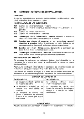 19     ESTIMACIÓN DE CUENTAS DE COBRANZA DUDOSA

CONTENIDO
Agrupa las subcuentas que acumulan las estimaciones de cobro dudoso para
cubrir el deterioro de las cuentas por cobrar.
NOMENCLATURA DE LAS SUBCUENTAS
191   Cuentas por cobrar comerciales - Terceros
192   Cuentas por cobrar al personal, a los accionistas (socios), directores y
      gerentes
193   Cuentas por cobrar - Relacionadas
194   Cuentas por cobrar diversas – Terceros
191   Cuentas por cobrar comerciales - Terceros. Incorpora la estimación
      de cobro dudoso de las cuentas por cobrar a clientes.
192   Cuentas por Cobrar al personal, a los accionistas (socios)
      directores y gerentes. Incluye la estimación de cobro dudoso de las
      cuentas por cobrar al personal, accionistas, directores y gerentes.
193   Cuentas por cobrar - Relacionadas. Comprende la estimación de
      cobro dudoso de las compañías relacionadas.
194   Cuentas por cobrar diversas - Terceros. Comprende la estimación de
      cobro dudoso de las cuentas por cobrar diversas con terceros.
RECONOCIMIENTO Y MEDICIÓN
Se reconoce la estimación de cobranza dudosa, discriminándola por la
naturaleza de la cuenta por cobrar, y paralelamente la cuenta de gastos
correspondiente.
Además, la cuenta por cobrar objeto de estimación de cobranza dudosa, es
reclasificada a la subcuenta respectiva dentro de la misma cuenta.
Las cuentas en moneda extranjera a la fecha de los estados financieros se
expresarán al tipo de cambio aplicable a las cuentas por cobrar relacionadas.
                       DINÁMICA DE LA CUENTA 19
Es debitada por:                    Es acreditada por:
• La recuperación total o parcial de • El deterioro estimado según
  los derechos de cobro.               evaluación de la empresa.
• La eliminación (castigo) de las • La diferencia de cambio para
  cuentas cuya incobrabilidad se       igualar la estimación de cobranza
  confirma.                            dudosa a la cuenta por cobrar
• La diferencia de cambio para         relacionada.
  igualar la estimación de cobranza
  dudosa a la cuenta por cobrar
  relacionada.

                              COMENTARIOS
Aquellas cuentas, cuya estimación de incobrabilidad se confirma, son retiradas



                                       74
 