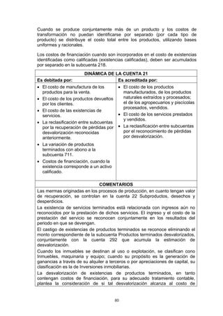 Cuando se produce conjuntamente más de un producto y los costos de
transformación no puedan identificarse por separado (por cada tipo de
producto) se distribuye el costo total entre los productos, utilizando bases
uniformes y racionales.

Los costos de financiación cuando son incorporados en el costo de existencias
identificadas como calificadas (existencias calificadas), deben ser acumulados
por separado en la subcuenta 218.
                       DINÁMICA DE LA CUENTA 21
Es debitada por:                    Es acreditada por:
• El costo de manufactura de los         • El costo de los productos
  productos para la venta.                 manufacturados, de los productos
• El costo de los productos devueltos      naturales extraídos y procesados;
  por los clientes.                        el de los agropecuarios y piscícolas
                                           procesados, vendidos.
• El costo de las existencias de
  servicios.                             • El costo de los servicios prestados
                                           y vendidos.
• La reclasificación entre subcuentas
  por la recuperación de pérdidas por    • La reclasificación entre subcuentas
  desvalorización reconocidas              por el reconocimiento de pérdidas
  anteriormente.                           por desvalorización.
• La variación de productos
  terminados con abono a la
  subcuenta 711.
• Costos de financiación, cuando la
  existencia corresponde a un activo
  calificado.

                                 COMENTARIOS
Las mermas originadas en los procesos de producción, en cuanto tengan valor
de recuperación, se controlan en la cuenta 22 Subproductos, desechos y
desperdicios.
La existencia de servicios terminados está relacionada con ingresos aún no
reconocidos por la prestación de dichos servicios. El ingreso y el costo de la
prestación del servicio se reconocen conjuntamente en los resultados del
periodo en que se devengan.
El castigo de existencias de productos terminados se reconoce eliminando el
monto correspondiente de la subcuenta Productos terminados desvalorizados,
conjuntamente con la cuenta 292 que acumula la estimación de
desvalorización.
Cuando los inmuebles se destinan al uso o explotación, se clasifican cono
Inmuebles, maquinaria y equipo; cuando su propósito es la generación de
ganancias a través de su alquiler a terceros o por apreciaciones de capital, su
clasificación es la de Inversiones inmobiliarias.
La desvalorización de existencias de productos terminados, en tanto
contengan costos de financiación, para su adecuado tratamiento contable,
plantea la consideración de si tal desvalorización alcanza al costo de


                                        80
 