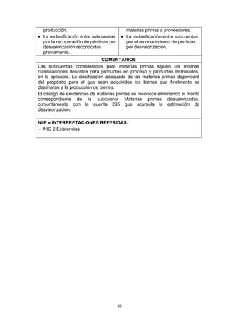 producción.                              materias primas a proveedores.
• La reclasificación entre subcuentas    • La reclasificación entre subcuentas
  por la recuperación de pérdidas por      por el reconocimiento de pérdidas
  desvalorización reconocidas              por desvalorización.
  previamente.
                                COMENTARIOS
Las subcuentas consideradas para materias primas siguen las mismas
clasificaciones descritas para productos en proceso y productos terminados,
en lo aplicable. La clasificación adecuada de las materias primas dependerá
del propósito para el que sean adquiridos los bienes que finalmente se
destinarán a la producción de bienes.
El castigo de existencias de materias primas se reconoce eliminando el monto
correspondiente de la subcuenta Materias primas desvalorizadas,
conjuntamente con la cuenta 295 que acumula la estimación de
desvalorización.

NIIF e INTERPRETACIONES REFERIDAS:
− NIC 2 Existencias




                                        88
 