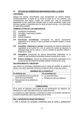 27    ACTIVOS NO CORRIENTES MANTENIDOS PARA LA VENTA
CONTENIDO
Agrupa los activos inmovilizados cuya recuperación se espera realizar,
fundamentalmente, a través de su venta en lugar de su uso continuo. Las
características que deben cumplir los activos son: que se encuentren
disponibles en las condiciones actuales para su venta inmediata, sujeto a los
términos usuales y habituales para la venta de estos activos, y su venta debe
ser altamente probable.
NOMENCLATURA DE LAS SUBCUENTAS
271   Inversiones inmobiliarias
272   Inmuebles, maquinaria y equipo
273   Intangibles
274   Activos biológicos
271   Inversiones inmobiliarias. Comprende los activos previamente
      registrados en la cuenta 31 que la entidad ha decidido realizar a través
      de su venta.
272   Inmuebles, maquinaria y equipo. Comprende los activos previamente
      registrados en la cuenta 33, o en la cuenta 32 cuando se adquiere la
      propiedad legal de los activos, y que la entidad ha decidido realizar a
      través de su venta.
273   Intangibles. Comprende los activos previamente registrados en la
      cuenta 34 que la entidad ha decidido realizar a través de su venta.
274   Activos biológicos. Incluye los activos previamente registrados en la
      cuenta 35 que la entidad ha decidido realizar a través de su venta.
RECONOCIMIENTO Y MEDICIÓN
Los activos no corrientes mantenidos para la venta se medirán al importe en
libros o a su valor razonable menos los costos de venta, el que sea menor.
                       DINÁMICA DE LA CUENTA 27
Es debitada por:                    Es acreditada por:
• La transferencia de la cuenta de  • La venta del activo.
  activo de la que procede.         • Pérdida de valor por deterioro.
• Recuperación de la pérdida por
  deterioro.

                              COMENTARIOS
Si el activo se adquiere como parte de una combinación de negocios, se
medirá por su valor razonable menos los costos de venta.
La empresa no debe depreciar o amortizar el activo no corriente mientras se
encuentre clasificado como mantenido para la venta.

NIIF e INTERPRETACIONES REFERIDAS:
− NIIF 5 Activos no corrientes mantenidos para la venta y operaciones



                                       93
 