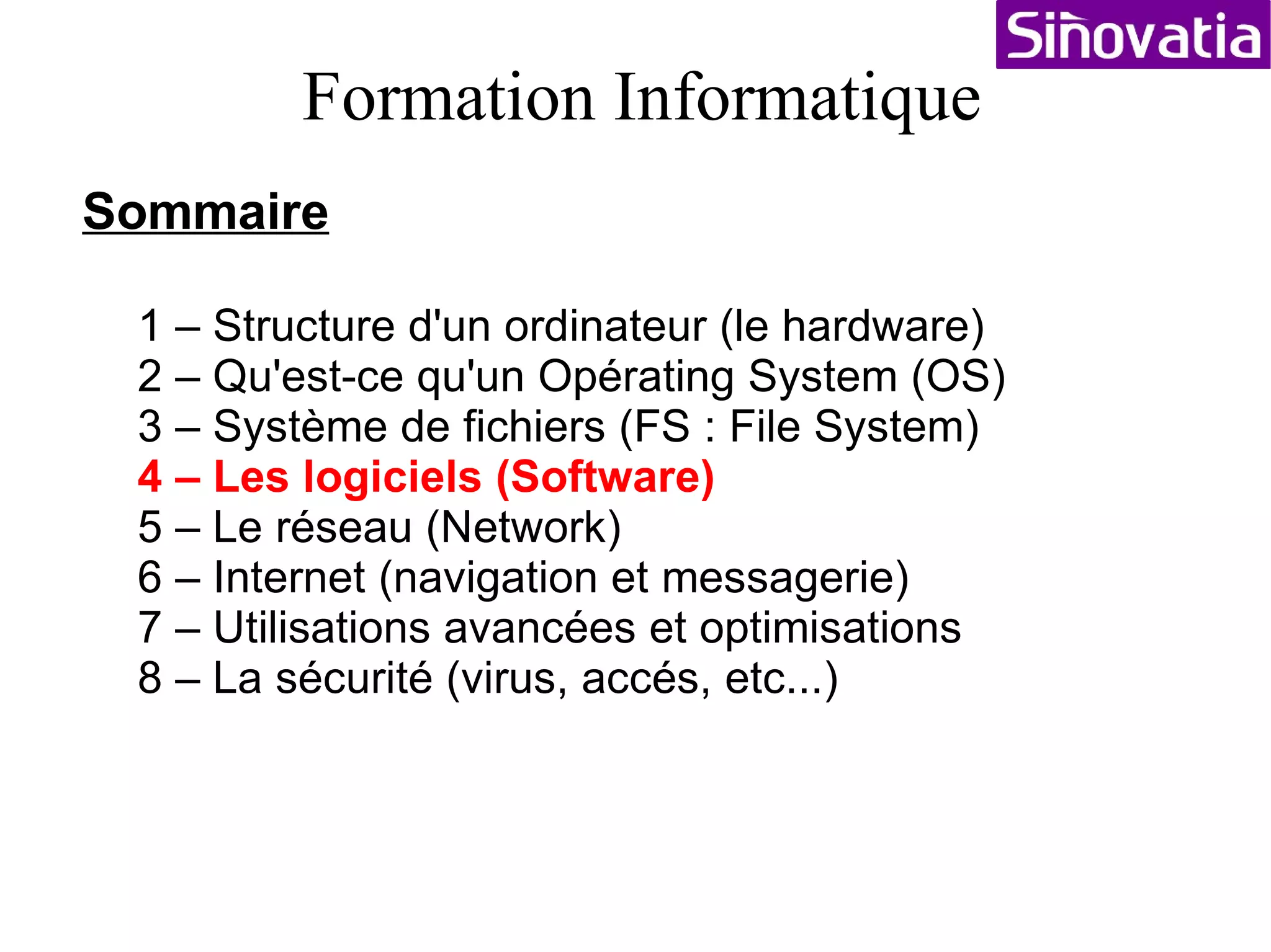 3 – Système de fichiers (FS : File System) Les fichiers sont un stockage physique permanent des données contenu dans la mémoire. Si l'ordinateur s'éteind alors que vous n'avez pas enregistrer votre fichier celui-ci est perdu définitivement. Une base de données est constitué d'une multitude de fichiers qui sont tous ouverts simultanéments pour que vous puissiez y insérer vos informations. (Les bases de données sont utilisées dans la gestion des stocks, la facturation, la comptabilité par exemple). La différence fondamentale entre un fichier classique et un fichier de base de données, est qu'un fichier classique ne peut être ouvert en écriture que par un seul utilisateur simultanement. 