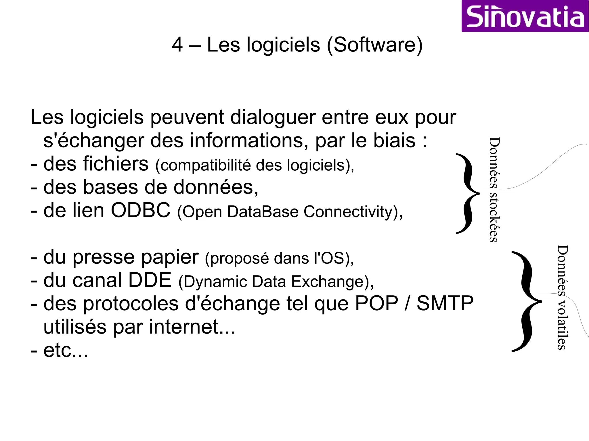 4 – Les logiciels (Software) Appelés : Software, Logiciel, Progiciel, Application... Rôle :  Donne accés à certains traitements (écrire un courrier, faire des calculs, stocker des informations, etc...). Chaque logiciel est conçu pour réaliser une certaines tâche. 