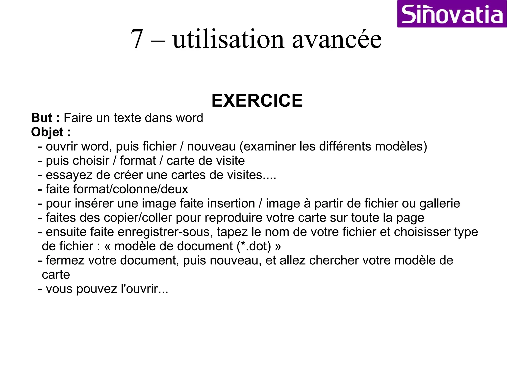EXERCICE But :  créer boite de messagerie dans un client messagerie Objet :  - Ouvrer la messagerie, faire nouveau->compte - compte de messagerie - entrez votre nom et votre adresse mail - laisser en pop : retrait des messages, imap, message sur le serveur tel que yahoo, hotmail - entrez votre serveur smtp.wanadoo.fr ( - entrez le nom d'utilisateur (ne rien modifier) - entrez le nom du compte (ne rien modifier) - terminer - aller dans le compte créé, et ajouter un nouveau dossier dans le dossier messages reçus (inbox) - écrivez un nouveau message, enregistrez le dans les brouillons, envoyez le, et supprimez le. - allez dans la corbeille et supprimez le de nouveau... 6 – Internet 