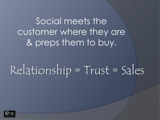Social meets the customer where they are & preps them to buy.<br />Relationship = Trust = Sales<br />