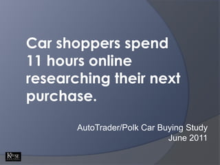 Car shoppers spend 11 hours online researching their next purchase.<br />AutoTrader/Polk Car Buying Study<br />June 2011<b...