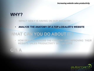 Increasing website sales productivity




 •   IMPACT GEN-Y IS HAVING ON OUR INDUSTRY




WHAT CAN YOU DO ABOUT IT?
 • HOW DEALERS ACROSS THE COUNTRY ARE IMPROVING THEIR
   WEBSITE SALES PRODUCTIVITY 50% OR MORE


Q&A
 