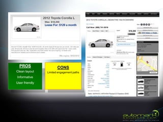 PROS                 CONS
Clean layout    Limited engagement paths
Informative
User friendly
 