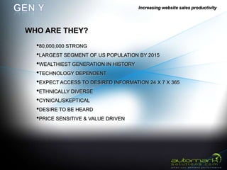 Increasing website sales productivity




WHO ARE THEY?
  •80,000,000 STRONG
  •LARGEST SEGMENT OF US POPULATION BY 2015
  •WEALTHIEST GENERATION IN HISTORY
  •TECHNOLOGY DEPENDENT
  •EXPECT ACCESS TO DESIRED INFORMATION 24 X 7 X 365
  •ETHNICALLY DIVERSE
  •CYNICAL/SKEPTICAL
  •DESIRE TO BE HEARD
  •PRICE SENSITIVE & VALUE DRIVEN
 