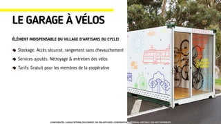 Stockage: Accès sécurisé, rangement sans chevauchement
Services ajoutés: Nettoyage & entretien des vélos
Tarifs: Gratuit pour les membres de la coopérative
LE GARAGE À VÉLOS
ÉLÉMENT INDISPENSABLE DU VILLAGE D’ARTISANS DU CYCLE!
CONFIDENTIEL | USAGE INTERNE SEULEMENT | NE PAS DIFFUSER | CONFIDENTIAL | INTERNAL USE ONLY | DO NOT DISTRIBUTE
 