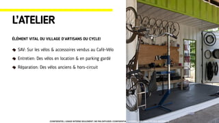 SAV: Sur les vélos & accessoires vendus au Café-Vélo
Entretien: Des vélos en location & en parking gardé
Réparation: Des vélos anciens & hors-circuit
L’ATELIER
ÉLÉMENT VITAL DU VILLAGE D’ARTISANS DU CYCLE!
CONFIDENTIEL | USAGE INTERNE SEULEMENT | NE PAS DIFFUSER | CONFIDENTIAL | INTERNAL USE ONLY | DO NOT DISTRIBUTE
 