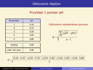 Obliczanie błędów
Podstawy chemii - Rachunki chemiczne Jakub M. Milczarek Uniwersytet Jagielloński
Przykład 1 pomiar pH
Nr pomiaru pH
1 5,15
2 5,75
3 5,30
4 5,50
5 5,80
średnia 5,50
Odchylenie standardowe pomiaru
1
)( 2
n
pHpH
i
i
4
)80,550,5()50,550,5()30,550,5()75,550,5()15,550,5( 22222
odch. std. pom. 0,28
 