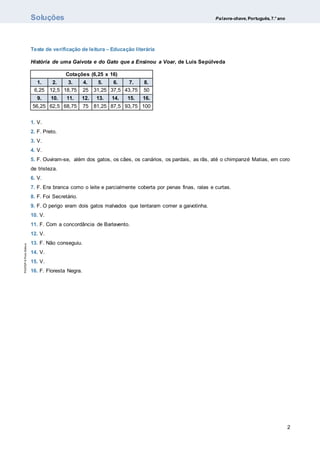 Soluções Palavra-chave, Português, 7.°ano
2
Teste de verificação de leitura – Educação literária
História de uma Gaivota e do Gato que a Ensinou a Voar, de Luis Sepúlveda
Cotações (6,25 x 16)
1. 2. 3. 4. 5. 6. 7. 8.
6,25 12,5 18,75 25 31,25 37,5 43,75 50
9. 10. 11. 12. 13. 14. 15. 16.
56,25 62,5 68,75 75 81,25 87,5 93,75 100
1. V.
2. F. Preto.
3. V.
4. V.
5. F. Ouviram-se, além dos gatos, os cães, os canários, os pardais, as rãs, até o chimpanzé Matias, em coro
de tristeza.
6. V.
7. F. Era branca como o leite e parcialmente coberta por penas finas, ralas e curtas.
8. F. Foi Secretário.
9. F. O perigo eram dois gatos malvados que tentaram comer a gaivotinha.
10. V.
11. F. Com a concordância de Barlavento.
12. V.
13. F. Não conseguiu.
14. V.
15. V.
16. F. Floresta Negra.
 