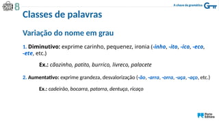 Variação do nome em grau
1. Diminutivo: exprime carinho, pequenez, ironia (-inho, -ito, -ico, -eco,
-ete, etc.)
Ex.: cãozinho, patito, burrico, livreco, palacete
2. Aumentativo: exprime grandeza, desvalorização (-ão, -arra, -orra, -uça, -aço, etc.)
Ex.: cadeirão, bocarra, patorra, dentuça, ricaço
Classes de palavras
 