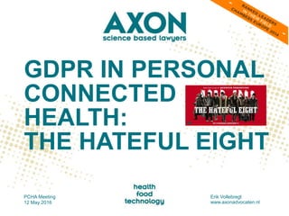 GDPR IN PERSONAL
CONNECTED
HEALTH:
THE HATEFUL EIGHT
PCHA Meeting
12 May 2016
Erik Vollebregt
www.axonadvocaten.nl
 