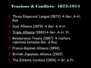 Tensions & Conflicts: 1873-1914
1. Three Emperors’ League (1873)  Ger, A-H,
Rus.
2. Dual Alliance (1879)  Ger. & A-H
3. Triple Alliance (1882) Ger, A-H, It.
4. Reinsurance Treaty (1887)  restore
relations between Ger. & Rus.
5. Franco-Russian Alliance (1894)
6. British-Japanese Alliance (1902)
7. The Entente Cordiale (1904)  Br. & Fr.
 