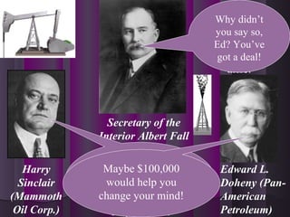 Secretary of the
Interior Albert Fall
Harry
Sinclair
(Mammoth
Oil Corp.)
Edward L.
Doheny (Pan-
American
Petroleum)
Yo, Albert buddy!
How about letting
Edward and I drill for
oil in Elk Hills and
Teapot Dome!
But that’s
Naval
property! You
can’t drill
there!
Maybe $100,000
would help you
change your mind!
Why didn’t
you say so,
Ed? You’ve
got a deal!
 